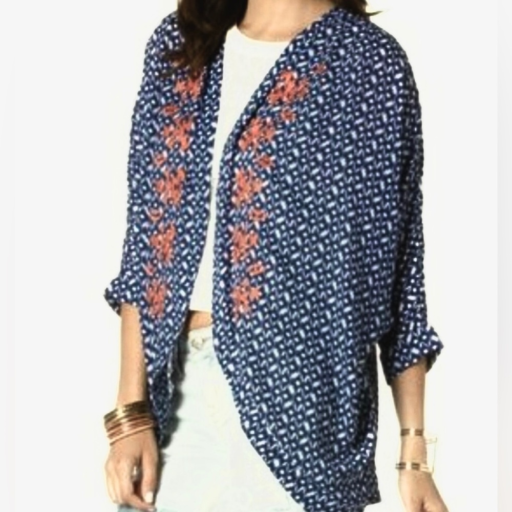 Miss Me Embroidered Kimono Desert Sky Open Front NWOT Blue/White Boho Festival